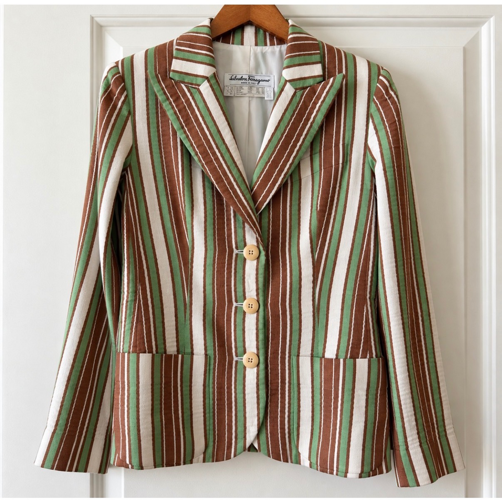 Vintage Salvatore Ferragamo Striped Linen & Silk Pantsuit | Made in Italy | US 8 - Picture 2 of 9